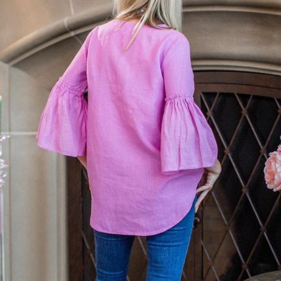 Crown Linen Designs Pink 100% Linen Boho Ruffle Bell Sleeve Tunic Top - size S - Picture 3 of 12